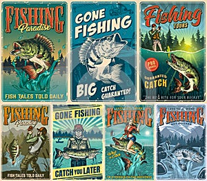 Fishing vintage posters set