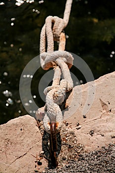 Fishing white rope tied to a hook