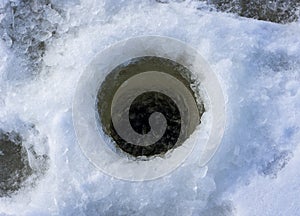 Fishing in the winter. Fishermen drilled a hole in the ice of a lake or river. Close up view. Snow ice background