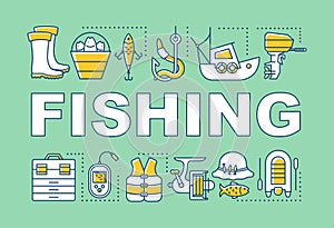 Fishing word concepts banner. Presentation, website. Fish catching professional equipment. Fisherman work. Isolated