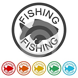 Fishing word with fish icon. Set icons colorful