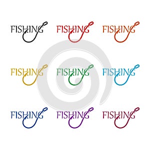 Fishing word icon isolated on white background, color set