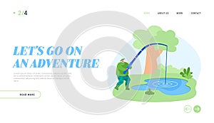 Fishman Have Good Catch Landing Page Template. Fisherman Character with Rod Catching Fish in Pond