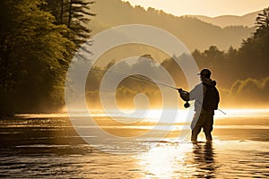 Fishman with spinning rod on lake bank at misty foggy sunrise. Generative AI photo