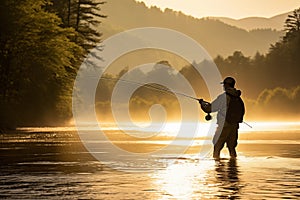 Fishman with spinning rod on lake bank at misty foggy sunrise. Generative AI