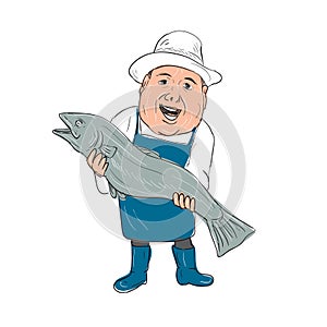 Fishmonger Presenting Fish Cartoon