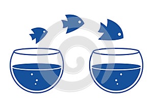 Fishs jumping out one aquariums to another aquarium. Vector illustration