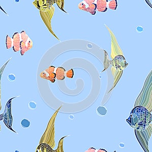 Fishs in water with bubbles, seamless background.