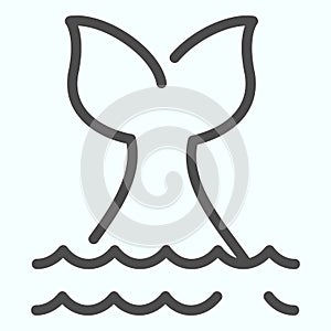 Fishtail line icon. Whale tale in ocean waves illustration isolated on white. Tail of large whale or shark diving into