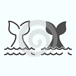 Fishtail line and solid icon. Whale tale in ocean waves illustration isolated on white. Tail of large whale or shark