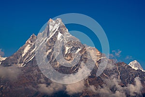 Fishtail peak or Machapuchare mountain with clear blue sky