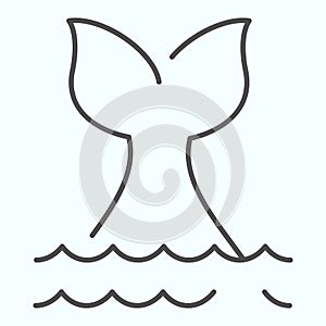 Fishtail thin line icon. Whale tale in ocean waves illustration isolated on white. Tail of large whale or shark diving
