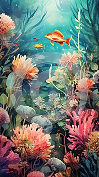 fishy deep sea watercolour poster of underwater plants