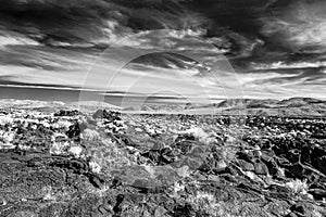 Fissile falls lava field in monochrome with black sky and white clouds