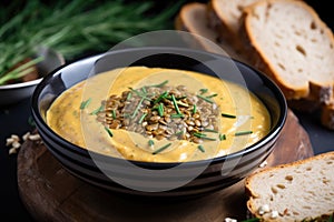 fission bread slice in a bowl of creamy lentil soup