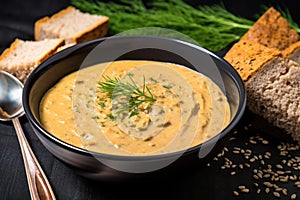 fission bread slice in a bowl of creamy lentil soup