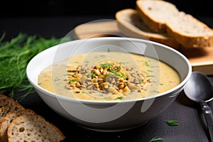 fission bread slice in a bowl of creamy lentil soup