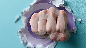 Fist breaking through paper wall, symbolizing strength and power.