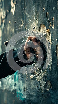 Fist breaking through a wall, dynamic action shot, debris flying, high contrast, professional color grading,soft shadowns, no
