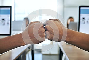 Fist bump, business people and team for deal or agree in office, trust and support with project. Partners, employees and