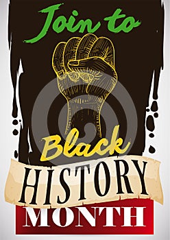 Fist Draw Brushstroke Scroll and Label for Black History Month Vector Illustration