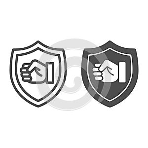 Fist emblem line and solid icon, self defense concept, clenched hand sign on white background, power badge icon in