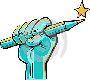 fist firmly holding a pen with a star on top