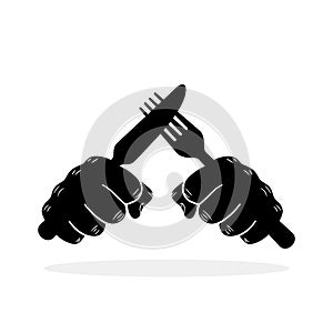 Fist with fork and knife. Hands holding cutlery. Hand with cutlery