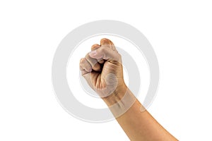 Fist hand and arm show power from person on isolated white background