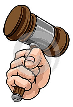 Fist Hand Holding Judge Hammer Gavel Cartoon photo