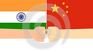 Fist hands fighting eachather on flags between India and China