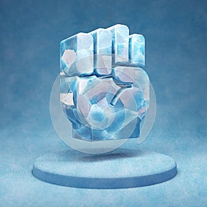 Fist icon. Cracked blue Ice Fist symbol on blue snow podium