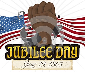 Fist over American Flag Breaking Chains to Commemorate Jubilee Day, Vector Illustration