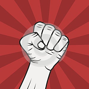 Fist power. Fist male hand  on red light rays background. Power sign. Trendy flat style. Vector illustration