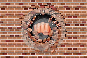 Fist punches hole in wall power strength destruction red brick break template transparent background vector illustration