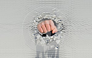 Fist punching through a brick wall
