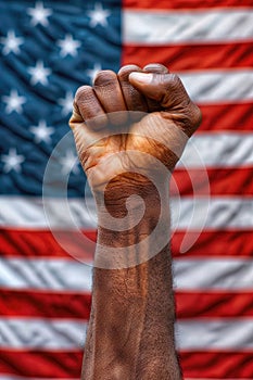 A fist raised in the air in front of an American flag