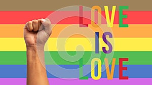 fist up with lgbt flag with text love is love