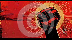 Happy Revolution Day. People raise their fists. Fist up on red background Protest propaganda, Comix style photo