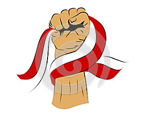 fisting hand, holding indonesia red and white flag, simple vector hand draw sketch