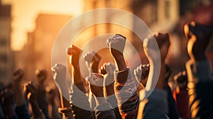 Fists in the air. The intensity of protest as fists rise in unison, echoing a powerful collective voice demanding social change.