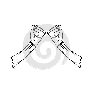 fists clenched against each other line art black and white vector illustration