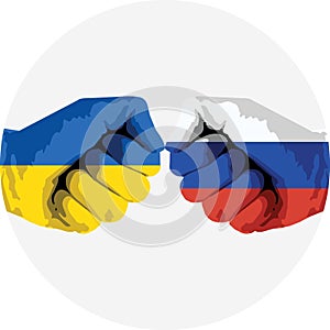 Fists with flags of Ukraine and Russia. Conflict between Russia and Ukraine.