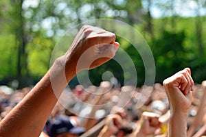 Fists from many people are raised at a protest photo