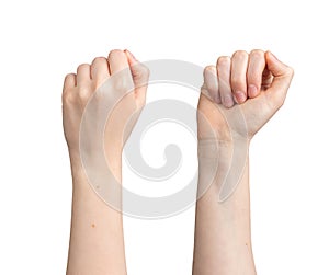 Fists raised up, front and back view, isolated on white background