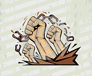 Fists tearing chains vector poster