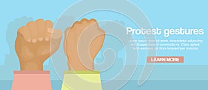 Fists up as a sign of protest vector cartoon illustration. Female protestation, fight and resist gestures banner with
