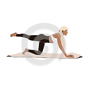 Fit blonde woman doing yoga. Girl wering a fitness clothes stands in asana on yoga mat. Abstract feminine vector