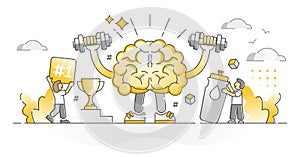 Fit brain as brainpower mental muscles strength monocolor outline concept