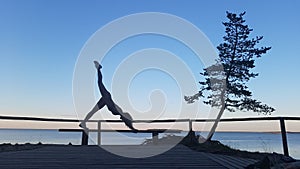 Fit caucasian woman practicing yoga outside